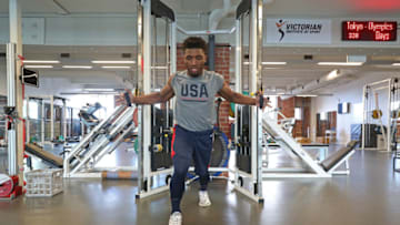 MELBOURNE, AUSTRALIA - AUGUST 21: Donovan Mitchell #53 of Team USA streches during the 2019 USA Basketball Men's National Team Training Camp at Melbourne Sports Centres on August 21, 2019 in Melbourne, Australia. NOTE TO USER: User expressly acknowledges and agrees that, by downloading and/or using this photograph, user is consenting to the terms and conditions of the Getty Images License Agreement. Mandatory Copyright Notice: Copyright 2019 NBAE (Photo by Nathaniel S. Butler/NBAE via Getty Images)