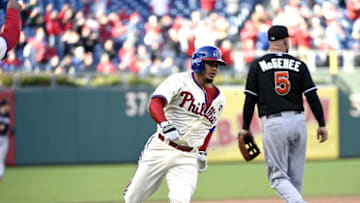 Oct 4, 2015; Philadelphia, PA, USA; Philadelphia Phillies shortstop Freddy Galvis (13) rounds third base as he scores during the seventh inning against the Miami Marlins at Citizens Bank Park. The Phillies defeated the Marlins, 7-2. Mandatory Credit: Eric Hartline-USA TODAY Sports