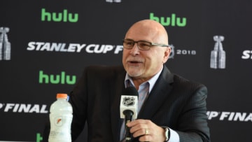 LAS VEGAS, NV - MAY 27: Capitals head coach Barry Trotz addresses the media during the NHL Stanley Cup Final Media Day on May 27, 2018 at T-Mobile Arena in Las Vegas, NV. (Photo by Chris Williams/Icon Sportswire via Getty Images)