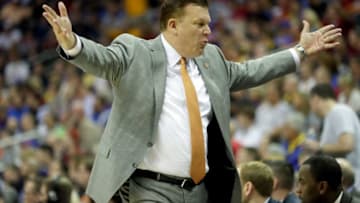 KANSAS CITY, MO - MARCH 09: Head coach Brad Underwood of the Oklahoma State Cowboys reacts from the bench during the quarterfinal game of the Big 12 Basketball Tournament against the Iowa State Cyclones at the Sprint Center on March 9, 2017 in Kansas City, Missouri. (Photo by Jamie Squire/Getty Images)