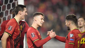 Thorgan Hazard celebrates after scoring (Photo by JOHN THYS/AFP via Getty Images)