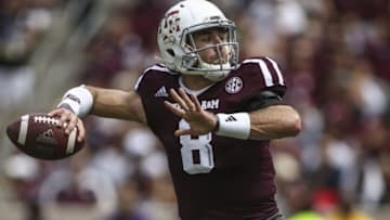 Sep 10, 2016; College Station, TX, USA; Texas A&M Aggies quarterback Trevor Knight (8) attempts a pass during the second quarter against the Prairie View A&M Panthers at Kyle Field. Mandatory Credit: Troy Taormina-USA TODAY Sports