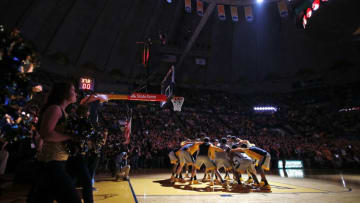 MORGANTOWN, WV - JANUARY 15: The West Virginia Mountaineers huddle before the game against the Kansas Jayhawks at the WVU Coliseum on January 15, 2018 in Morgantown, West Virginia. (Photo by Justin K. Aller/Getty Images)