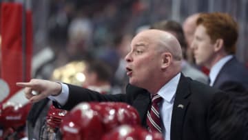 CHICAGO, IL - APRIL 06: Denver Pioneers head coach Jim Montgomery looks on during the second period of the NCAA Frozen Four semifinal game between the Denver Pioneers and the Notre Dame Fighting Irish on April 6, 2017, at the United Center in Chicago, IL. (Photo by Robin Alam/Icon Sportswire via Getty Images)