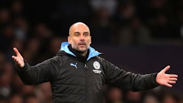 LONDON, ENGLAND - FEBRUARY 02: Pep Guardiola, Manager of Manchester City reatcs during the Premier League match between Tottenham Hotspur and Manchester City at Tottenham Hotspur Stadium on February 02, 2020 in London, United Kingdom. (Photo by Catherine Ivill/Getty Images)