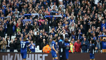 STRATFORD, ENGLAND - MARCH 18: The Leicester City fans shows appreciation to the Leicester City players after the Premier League match between West Ham United and Leicester City at London Stadium on March 18, 2017 in Stratford, England. (Photo by Steve Bardens/Getty Images)