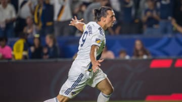 CARSON, CA -SEPTEMBER 15: Zlatan Ibrahimovic #9 of Los Angeles Galaxy celebrates a goal during the Los Angeles Galaxy's MLS match against Sporting KC at the Dignity Health Sports Park on September 15, 2019 in Carson, California. Los Angeles Galaxy won the match 7-2 (Photo by Shaun Clark/Getty Images)