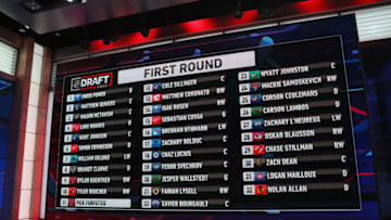 SECAUCUS, NEW JERSEY - JULY 23: A general view of the draft board from the first round of the 2021 NHL Entry Draft at the NHL Network studios on July 23, 2021 in Secaucus, New Jersey. (Photo by Bruce Bennett/Getty Images)