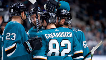 SAN JOSE, CA - SEPTEMBER 18: San Jose Sharks left wing Ivan Chekhovich (82) celebrates his second-period goal during the San Jose Sharks game versus the Anaheim Ducks on September 18, 2018, at SAP Center at San Jose in San Jose, CA. (Photo by Matt Cohen/Icon Sportswire via Getty Images)