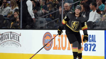 LAS VEGAS, NEVADA - SEPTEMBER 29: Shea Theodore #27 of the Vegas Golden Knights skates during the first period against the San Jose Sharks at T-Mobile Arena on September 29, 2019 in Las Vegas, Nevada. (Photo by David Becker/NHLI via Getty Images)