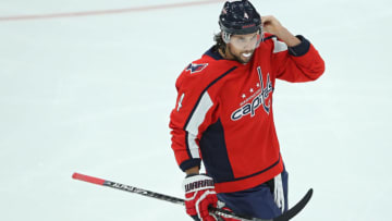 WASHINGTON, DC - FEBRUARY 20: Brenden Dillon #4 of the Washington Capitals looks on against the Montreal Canadiens during the first period at Capital One Arena on February 20, 2020 in Washington, DC. (Photo by Patrick Smith/Getty Images)