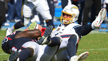 CARSON, CA - SEPTEMBER 22: Defensive end J.J. Watt #99 and defensive end D.J. Reader #98 of the Houston Texans sack quarterback Philip Rivers #17 of the Los Angeles Chargers in the second half of the game at Dignity Health Sports Park on September 22, 2019 in Carson, California. (Photo by Jayne Kamin-Oncea/Getty Images)