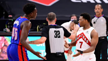TAMPA, FLORIDA - MARCH 03: Kyle Lowry #7 of the Toronto Raptors and Sekou Doumbouya #45 of the Detroit Pistons (Photo by Douglas P. DeFelice/Getty Images)