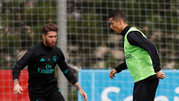 MADRID, SPAIN - SEPTEMBER 30: Cristiano Ronaldo and Sergio Ramos of Real Madrid warms up during a training session at Valdebebas training ground on September 30, 2017 in Madrid, Spain. (Photo by Helios de la Rubia/Real Madrid via Getty Images)