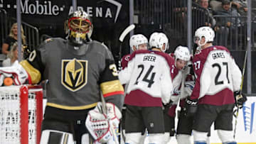LAS VEGAS, NEVADA - SEPTEMBER 24: The Colorado Avalanche celebrate after Scott Kosmachuk (2nd R) #32 of the Colorado Avalanche scored a goal against Malcolm Subban #30 of the Vegas Golden Knights in the third period of their preseason game at T-Mobile Arena on September 24, 2018 in Las Vegas, Nevada. The Avalanche defeated the Golden Knights 5-3. (Photo by Ethan Miller/Getty Images)