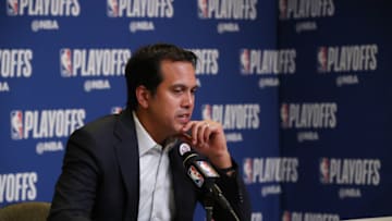 MIAMI, FL - APRIL 19: Head Coach Erik Spoelstra of the Miami Heat speaks with media during a press conference after the game against the Philadelphia 76ers in Game Three of Round One of the 2018 NBA Playoffs on April 19, 2018 at American Airlines Arena in Miami, Florida. NOTE TO USER: User expressly acknowledges and agrees that, by downloading and or using this Photograph, user is consenting to the terms and conditions of the Getty Images License Agreement. Mandatory Copyright Notice: Copyright 2018 NBAE (Photo by Issac Baldizon/NBAE via Getty Images)