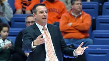 WASHINGTON, DC - MARCH 02 : Head coach Aaron Roussell of the Bucknell Bison looks on during a women's college basketball game against the American University Eagles at Bender Arena on March 2, 2019 in Washington, DC. (Photo by Mitchell Layton/Getty Images)