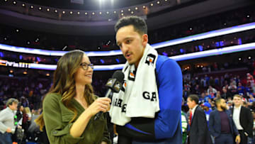 PHILADELPHIA, PA - JANUARY 8: Landry Shamet #1 of the Philadelphia 76ers talks with the media after the game against the Washington Wizards on January 8, 2019 at the Wells Fargo Center in Philadelphia, Pennsylvania NOTE TO USER: User expressly acknowledges and agrees that, by downloading and/or using this Photograph, user is consenting to the terms and conditions of the Getty Images License Agreement. Mandatory Copyright Notice: Copyright 2019 NBAE (Photo by Jesse D. Garrabrant/NBAE via Getty Images)