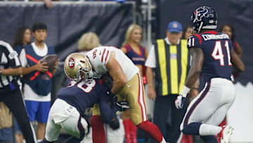 Justin Reid #38 of the Houston Texans lines up Garrett Celek #88 of the San Francisco 49ers (Photo by Bob Levey/Getty Images)
