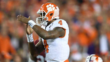Jan 9, 2017; Tampa, FL, USA; Clemson Tigers quarterback Deshaun Watson (4) calls for timeout during the second quarter against the Alabama Crimson Tide in the 2017 College Football Playoff National Championship Game at Raymond James Stadium. Mandatory Credit: John David Mercer-USA TODAY Sports