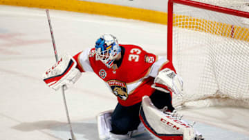 SUNRISE, FL - MARCH 23: Goaltender Sam Montembeault #33 of the Florida Panthers defends the net against the Boston Bruins at the BB&T Center on March 23, 2019 in Sunrise, Florida. (Photo by Eliot J. Schechter/NHLI via Getty Images)