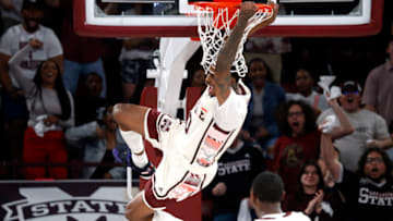 Feb 25, 2023; Starkville, Mississippi, USA; Mississippi State Bulldogs forward D.J. Jeffries (0) dunks during the second half against the Texas A&M Aggies at Humphrey Coliseum. Mandatory Credit: Petre Thomas-USA TODAY Sports