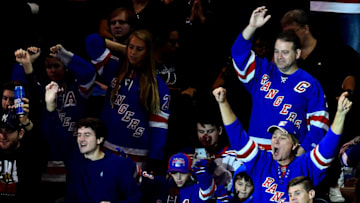NEW YORK, NEW YORK - OCTOBER 12: New York Rangers fans cheer in the second period of a game against the Edmonton Oilers at Madison Square Garden on October 12, 2019 in New York City. (Photo by Emilee Chinn/Getty Images)