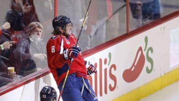 Mar 1, 2015; Washington, DC, USA; Washington Capitals left wing Alex Ovechkin (8) celebrates after scoring a goal against the Toronto Maple Leafs in the first period at Verizon Center. Mandatory Credit: Geoff Burke-USA TODAY Sports