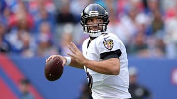 Oct 16, 2016; East Rutherford, NJ, USA; Baltimore Ravens quarterback Joe Flacco (5) drops back to pass against the New York Giants during the first quarter at MetLife Stadium. Mandatory Credit: Brad Penner-USA TODAY Sports