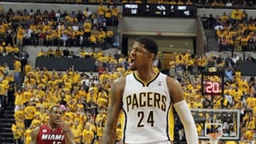 Jun 1, 2013; Indianapolis, IN, USA; Indiana Pacers small forward Paul George (24) reacts during the second half in game six of the Eastern Conference finals of the 2013 NBA Playoffs against the Miami Heat at Bankers Life Fieldhouse. Mandatory Credit: Brian Spurlock-USA TODAY Sports