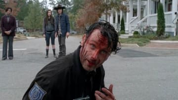 Katelyn Nacon as Enid, Chandler Riggs as Carl Grimes, Andrew Lincoln as Rick Grimes, The Walking Dead -- AMC