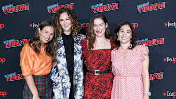 NEW YORK, NEW YORK - OCTOBER 05: Emily Andras, Melanie Scrofano, Dominique Provost-Chalkley and Katherine Barrell attends the press line at SYFY & IDW Entertainment’s "Wynonna Earp" Panel during New York Comic Con 2019 Day 3 at Jacob K. Javits Convention Center on October 05, 2019 in New York City. (Photo by Eugene Gologursky/Getty Images for ReedPOP )