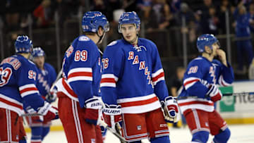 Nov 6, 2016; New York, NY, USA; New York Rangers defenseman Brady Skjei (76) celebrates with left wing Pavel Buchnevich (89) after beating the Winnipeg Jets 5-2 at Madison Square Garden. Mandatory Credit: Danny Wild-USA TODAY Sports
