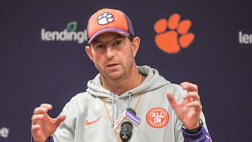 Clemson Head Football Coach Dabo Swinney talks with media at the Allen N. Reeves Football Complex in Clemson, S.C. Tuesday, December 14, 2021.Clemson Head Football Coach Dabo Swinney