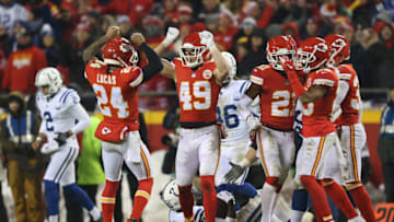 Kansas City Chiefs defensive back Daniel Sorensen (49) celebrates with strong safety Jordan Lucas (24) after making a third down stop (Photo by Scott Winters/Icon Sportswire via Getty Images)