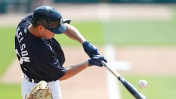 Jul 10, 2020; Detroit, Michigan, United States; Detroit Tigers infielder Spencer Torkelson (73) at bat during a summer camp intrasquad game at Comerica Park. Mandatory Credit: Raj Mehta-USA TODAY Sports