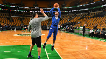 BOSTON, MA - MAY 3: Markelle Fultz #20 of the Philadelphia 76ers warms up before the game against the Boston Celtics during Game Two of the Eastern Conference Semifinals of the 2018 NBA Playoffs on May 3, 2018 at the TD Garden in Boston, Massachusetts. NOTE TO USER: User expressly acknowledges and agrees that, by downloading and or using this photograph, User is consenting to the terms and conditions of the Getty Images License Agreement. Mandatory Copyright Notice: Copyright 2018 NBAE (Photo by Jesse D. Garrabrant/NBAE via Getty Images)