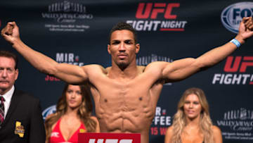 SAN DIEGO, CA - JULY 14: Kevin Lee steps on the scale during the UFC weigh-in at the Valley View Casino Center on July 14, 2015 in San Diego, California. (Photo by Jeff Bottari/Zuffa LLC/Zuffa LLC via Getty Images)