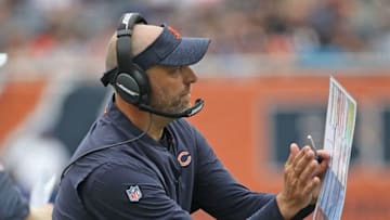 CHICAGO, IL - AUGUST 25: Head coach Matt Nagy of the Chicago Bears encourages his players during a preseason game against the Kansas City Chiefs at Soldier Field on August 25, 2018 in Chicago, Illinois. (Photo by Jonathan Daniel/Getty Images)