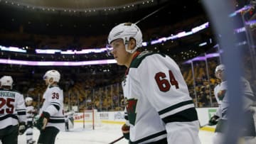 25 October 2016: Minnesota Wild winger Mikael Granlund (64) waits for his turn in a warm up drill. The Minnesota Wild defeated the Boston Bruins 5-0 in a regular season NHL game at TD Garden in Boston, Massachusetts. (Photo by Fred Kfoury III/Icon Sportswire via Getty Images)
