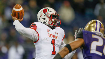 SEATTLE, WA - NOVEMBER 18: Quarterback Tyler Huntley #1 of the Utah Utes passes against the Washington Huskies at Husky Stadium on November 18, 2017 in Seattle, Washington. (Photo by Otto Greule Jr/Getty Images)