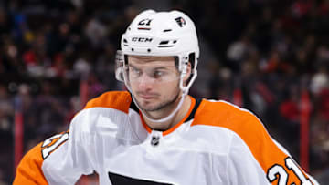 OTTAWA, ON - FEBRUARY 24: Scott Laughton #21 of the Philadelphia Flyers looks on in a game against the Ottawa Senators at Canadian Tire Centre on February 24, 2018 in Ottawa, Ontario, Canada. (Photo by Jana Chytilova/NHLI via Getty Images)