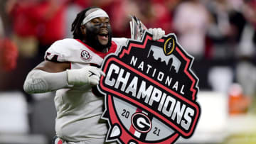 INDIANAPOLIS, INDIANA - JANUARY 10: Justin Shaffer #54 of the Georgia Bulldogs reacts after defeating the Alabama Crimson Tide 33-18 during the 2022 CFP National Championship Game at Lucas Oil Stadium on January 10, 2022 in Indianapolis, Indiana. (Photo by Emilee Chinn/Getty Images)