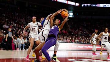 One of several times that South Carolina basketball star Aliyah Boston blocked Angel Reese in last year's matchup. (Photo by Lance King/Getty Images)