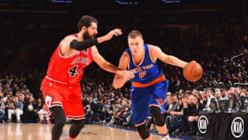 NEW YORK,NY - MARCH 24: Kristaps Porzingis #6 of the New York Knicks drives to the basket against the Chicago Bulls at Madison Square Garden on March 24, 2015 in New York,New York NOTE TO USER: User expressly acknowledges and agrees that, by downloading and/or using this Photograph, user is consenting to the terms and conditions of the Getty Images License Agreement. Mandatory Copyright Notice: Copyright 2016 NBAE (Photo by Jesse D. Garrabrant/NBAE via Getty Images)