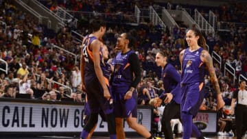 PHOENIX, AZ- JUNE 23: The Phoenix Mercury reacts to play during the game against the Los Angeles Sparks on June 23, 2019 at the Talking Stick Resort Arena, in Phoenix, Arizona. NOTE TO USER: User expressly acknowledges and agrees that, by downloading and or using this photograph, User is consenting to the terms and conditions of the Getty Images License Agreement. Mandatory Copyright Notice: Copyright 2019 NBAE (Photo by Barry Gossage/NBAE via Getty Images)