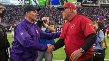 Nov 20, 2016; Minneapolis, MN, USA; Minnesota Vikings head coach Mike Zimmer shakes hands with Arizona Cardinals head coach Bruce Arians following the game at U.S. Bank Stadium. The Vikings defeated the Cardinals 30-24. Mandatory Credit: Brace Hemmelgarn-USA TODAY Sports