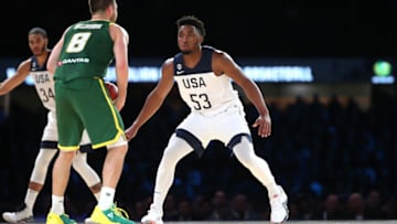 MELBOURNE, AUS - AUGUST 22: Donovan Mitchell #53 of Team USA plays defense against the Australia Boomers on August 22, 2019 at Marvel Stadium in Melbourne, Australia. Copyright 2019 NBAE (Photo by Joe Murphy/NBAE via Getty Images)