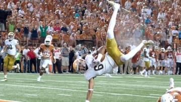 Sep 4, 2016; Austin, TX, USA; Notre Dame Fighting Irish wide receiver Equanimeous St. Brown (6) flips into the end zone for a touchdown in front of Texas Longhorns safety Dylan Haines (14) in the second quarter at Darrell K. Royal-Texas Memorial Stadium. Mandatory Credit: Matt Cashore-USA TODAY Sports