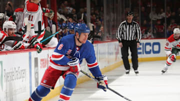 NEWARK, NEW JERSEY - JANUARY 31: Cody McLeod #8 of the New York Rangers skates against the New Jersey Devils at the Prudential Center on January 31, 2019 in Newark, New Jersey. The Rangers defeated the Devils 4-3. (Photo by Bruce Bennett/Getty Images)
